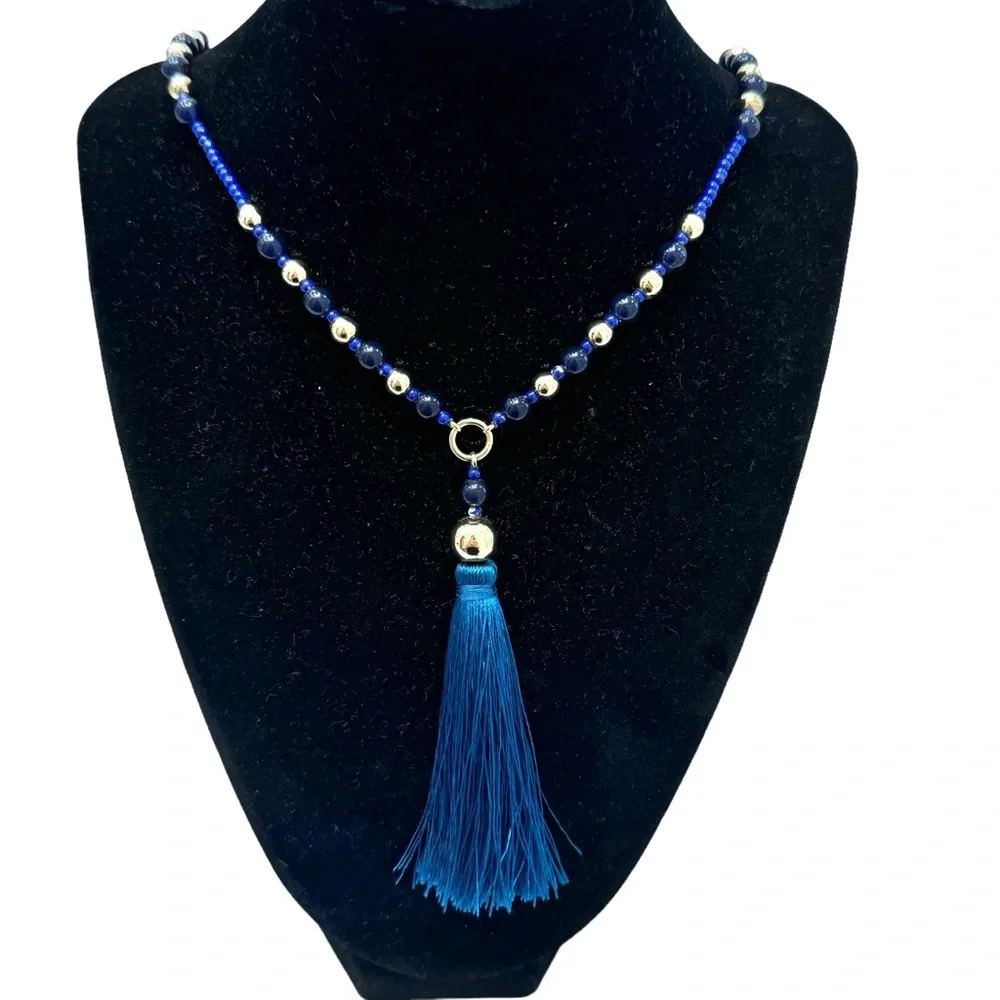 J. CREW BLUE AND GOLD BEADED NECKLACE WITH BLUE TASSEL - NWOT